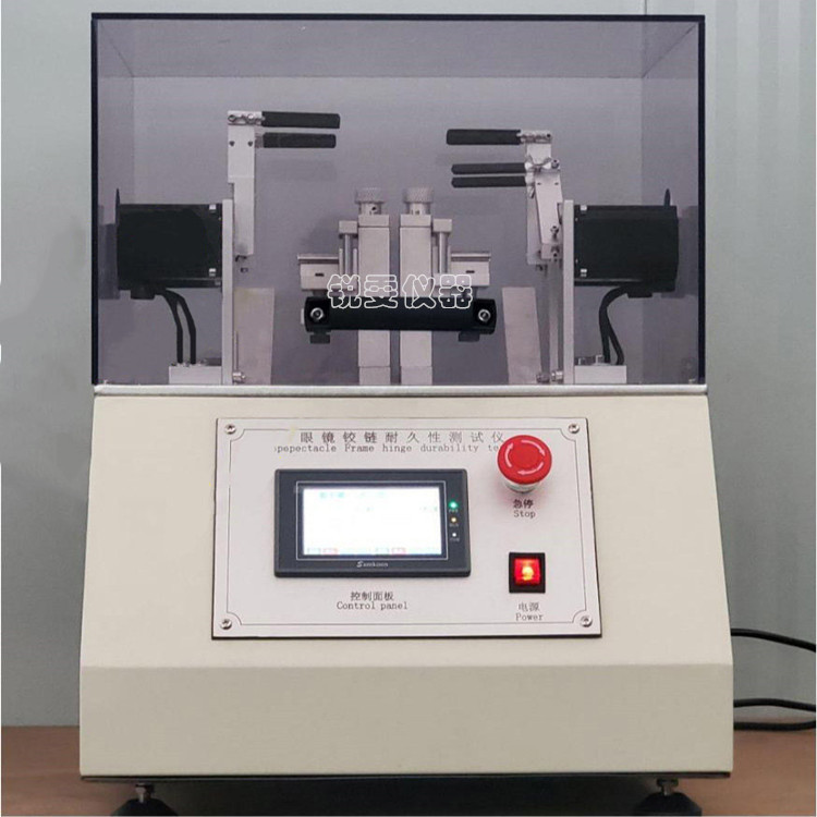RW-7501S 眼鏡彈簧腳鉸鏈耐久性試驗(yàn)機(jī)(觸摸屏款)  一、測(cè)試標(biāo)準(zhǔn)： 　　眼鏡彈簧腳鉸鏈耐久性試驗(yàn)機(jī)符合GB13511-1999，GB/T14214-1998，QB2659-2004，QB2457-1999，行業(yè)標(biāo)準(zhǔn)等等。  二、測(cè)試目的： 　　測(cè)定鏡架的彈簧鉸鏈具有一定的耐用性，可承受一定次數(shù)的開合活動(dòng)而保持原狀，目的是檢測(cè)彈簧鉸鏈的彈力變化情況。  三、技術(shù)參數(shù)： 　　1、設(shè)備型號(hào)：RW-7501S  　　2、控制方式：PLC+觸摸屏  　　3、測(cè)試工位：二工位  　　4、計(jì)數(shù)設(shè)置：0-99999999999.觸摸屏設(shè)置  　　5、角度設(shè)置：每組前后角可設(shè) 前角-180--180度 后角-180----180度  　　6、速度可設(shè)：0-120次/分鐘  　　7、擺動(dòng)暫停時(shí)間：0-10秒  　　8、外形尺寸：450mm×470mm×560mm(長×寬×高)  　　9、重量：32Kg  四、參考圖片： 　　眼鏡彈簧腳鉸鏈耐久性試驗(yàn)機(jī)
